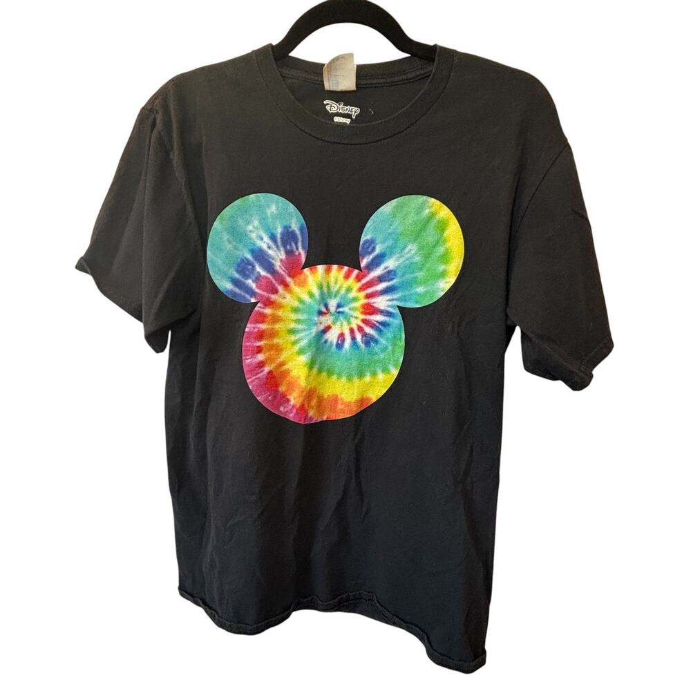 Disney Tye Die Mickey Mouse Graphic Tee Black Multi-color Rainbow T-shirt Adult